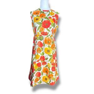 Vintage 60s Handmade Sleeveless Floral Shift Dress Red Orange Poppy Floral Print